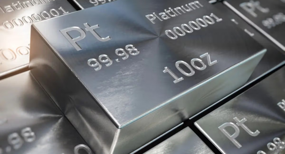 Gráfico do preço da platina com canal de baixa, resistência perto de US$ 1.640 e suporte em torno de US$ 1.560